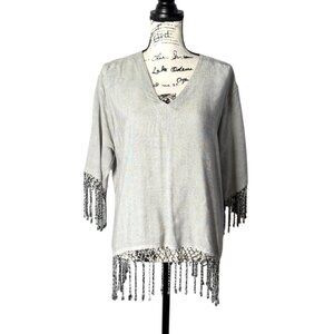 Dairi Fashion Morocco Womens Top Crochet Fringe Hem V-Neck Gray One Size
